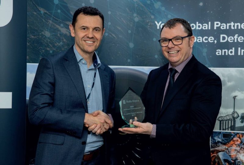 Belcan's Keith Matthews (left) receives the 2019 Rolls-Royce GBS Procurement Supplier of the Year Award from Rolls-Royce's Dean Fell (right). Belcan was recognized for its outstanding service to Rolls-Royce, and is one of only two suppliers to receive this prestigious award. Rolls-Royce recognized the key achievements Belcan made in cost reduction, quality, and delivery excellence for the company throughout the year.